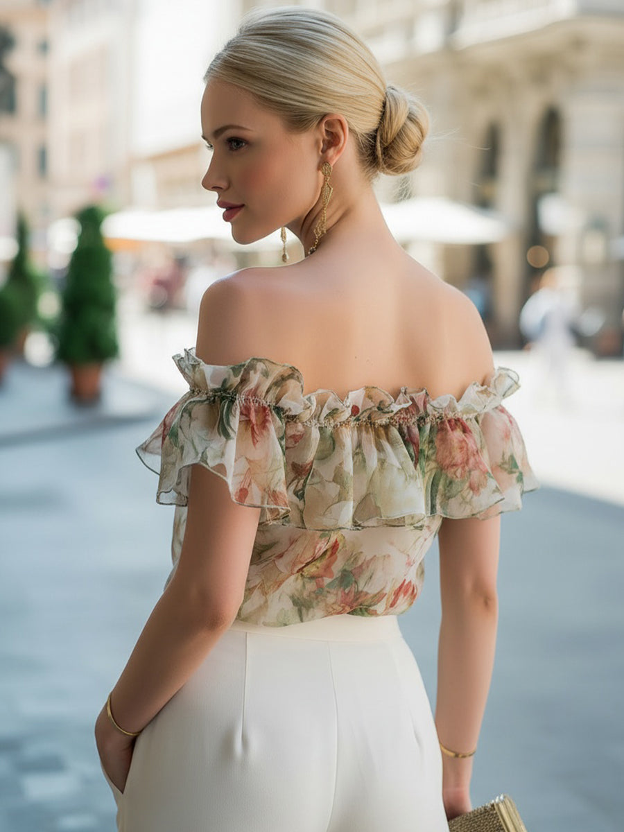 Off-Shoulder Ruffle Floral Chiffon Blouse