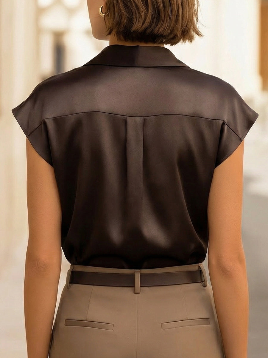 Sleeveless Draped Button-Front Satin Top Blouse