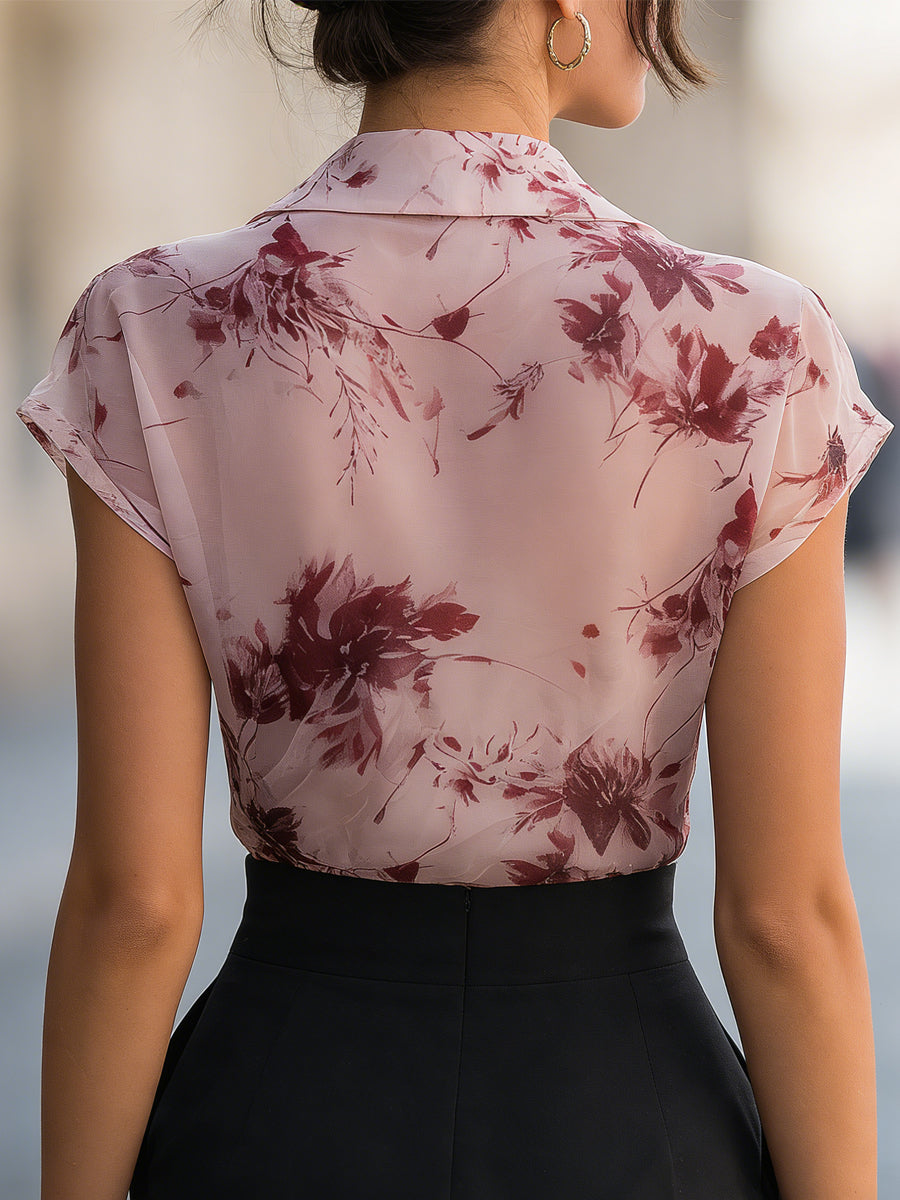 Floral Print Draped Wrap Collar Short Sleeve Blouse