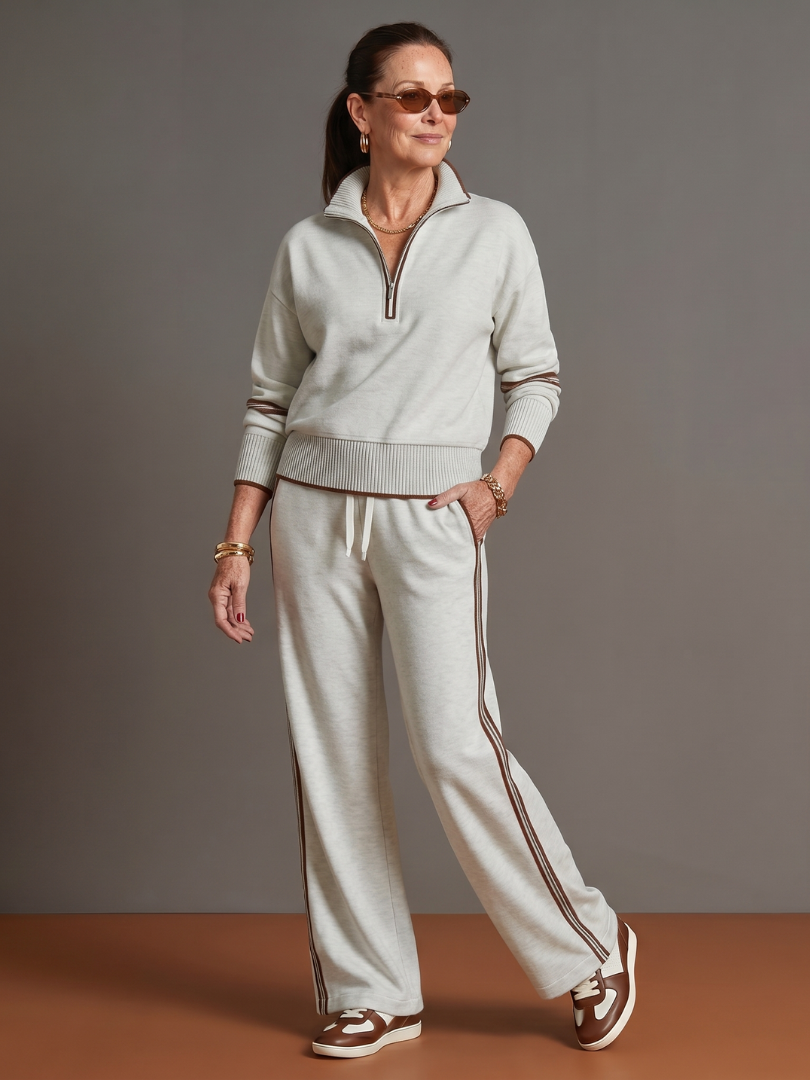 Rain | Zip Neck Long Sleeve Side Stripe Leg Pants Set