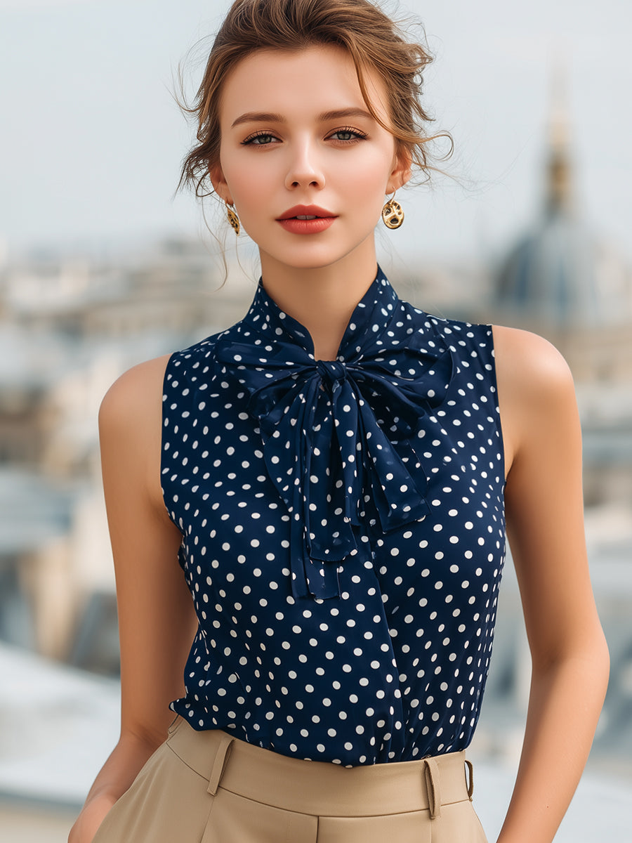 Chic Navy Blue Polka Dot Sleeveless Blouse With Bow Tie Neck