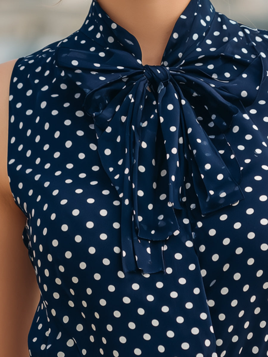 Chic Navy Blue Polka Dot Sleeveless Blouse With Bow Tie Neck