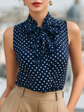 Chic Navy Blue Polka Dot Sleeveless Blouse With Bow Tie Neck