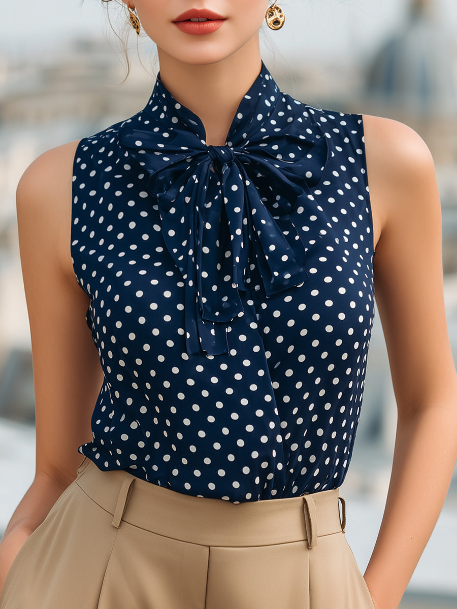 Chic Navy Blue Polka Dot Sleeveless Blouse With Bow Tie Neck