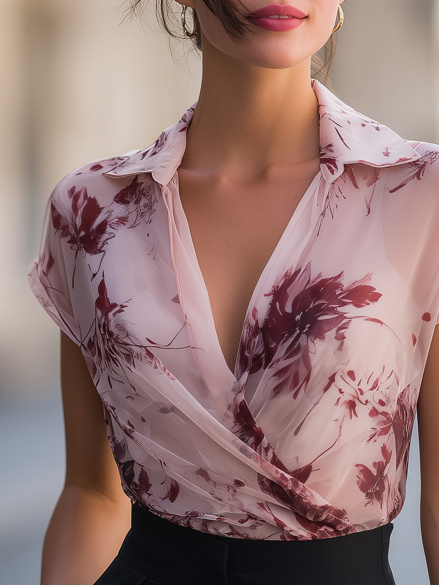 Floral Print Draped Wrap Collar Short Sleeve Blouse