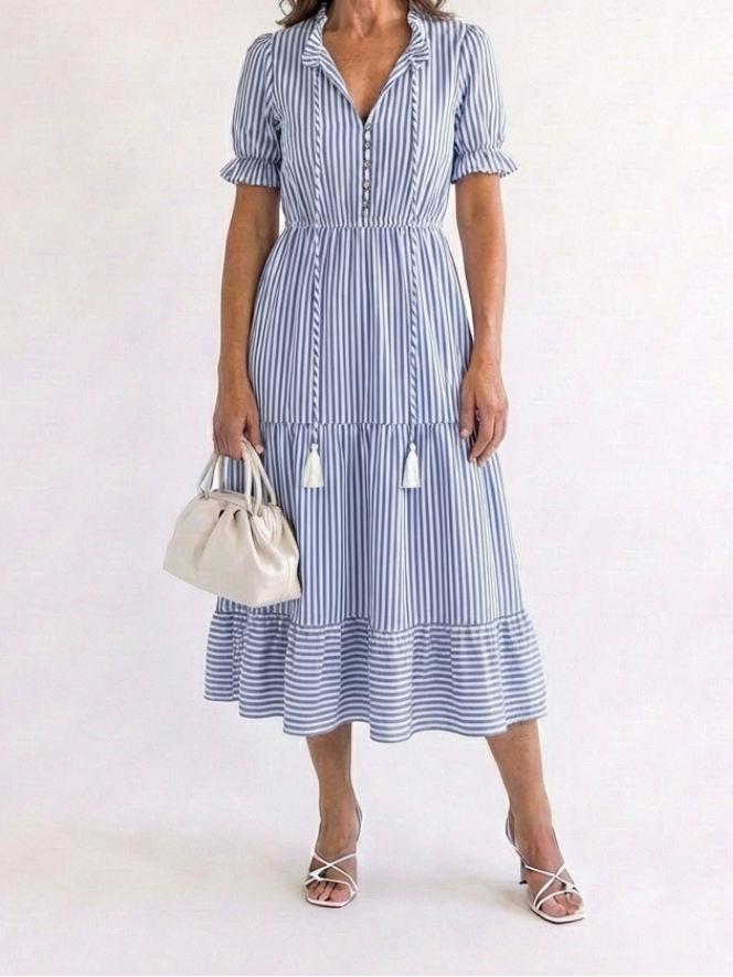 Dakota | Short Sleeve Striped Tiered Midi Dress