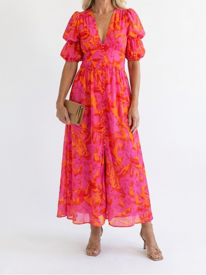Willow | Floral V Neck Puff Sleeve Midi Dress