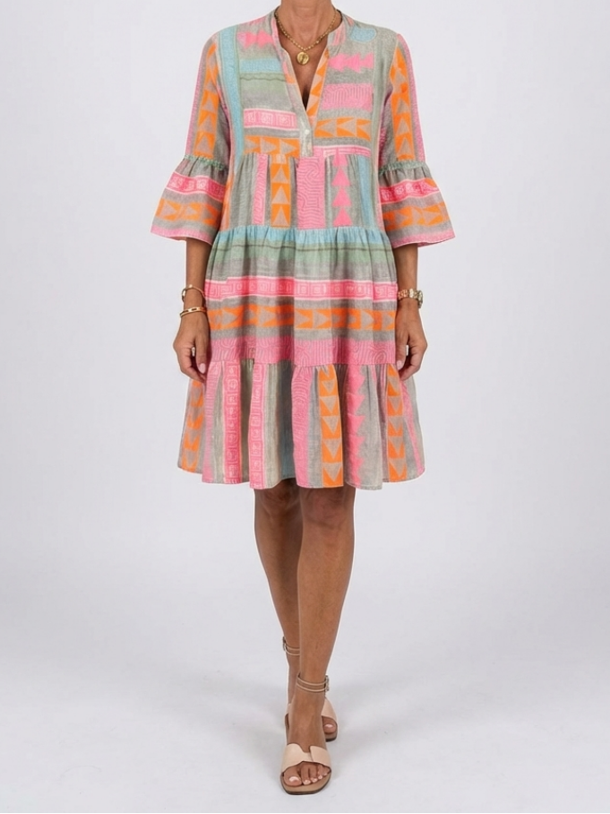 Maelle | Geometric Print V Neck Tiered Knee Length Dress