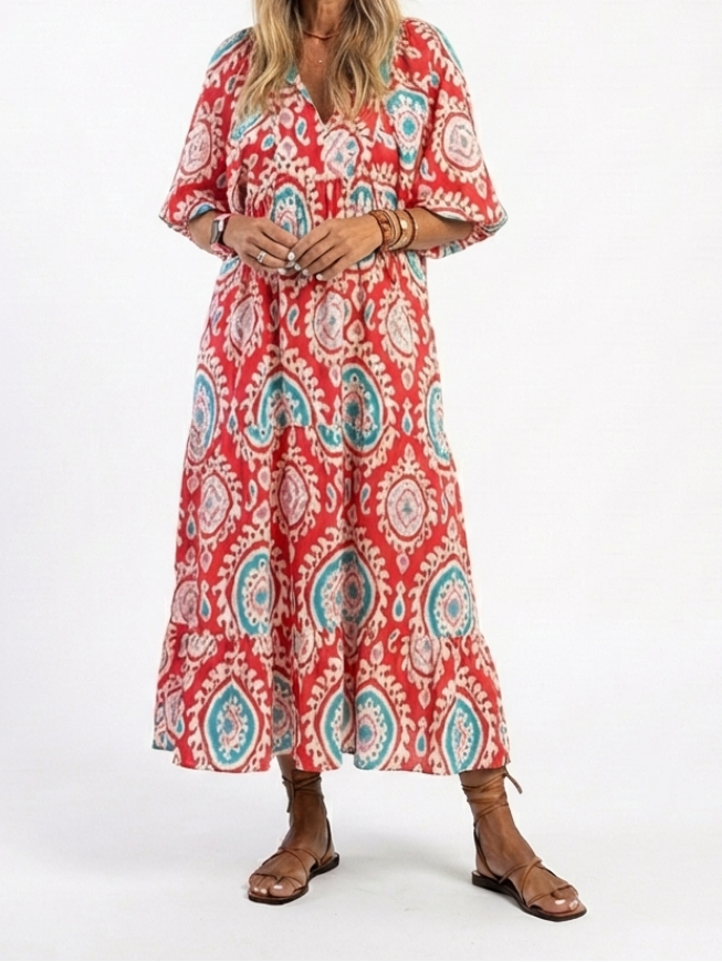 Zaria | Paisley Print V Neck Short Sleeve Midi Dress