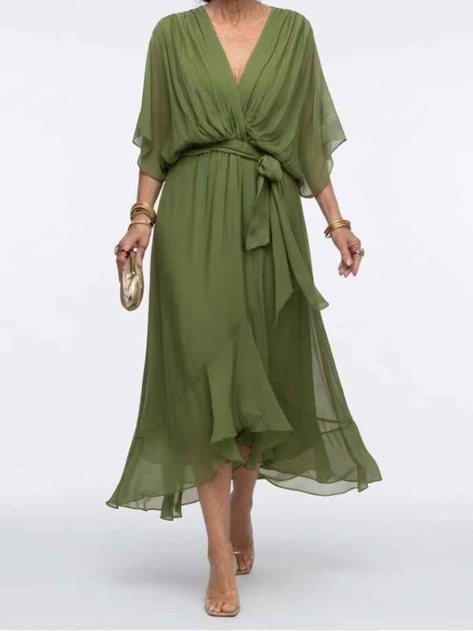 Elysia | V Neck Draped Waist Tie Midi Dress