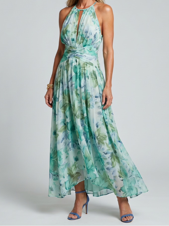 Portia | Pleated Halter Soft Floral Pattern Midi Dress