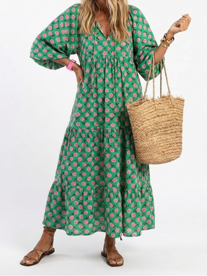 Fiora | Floral Print V Neck Tiered Midi Dress