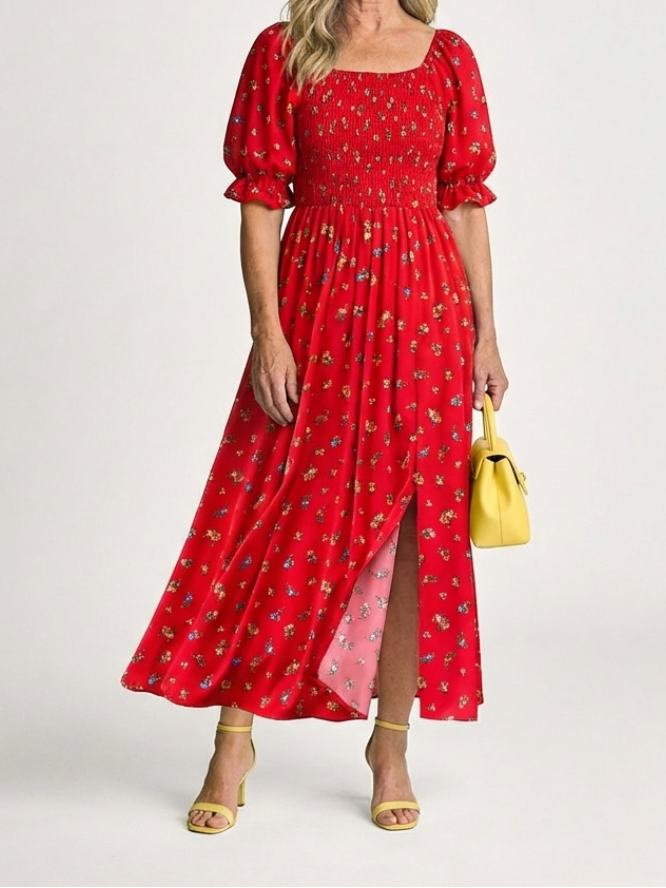 Delphine | Square Neck Floral Puff Sleeve Midi Dress