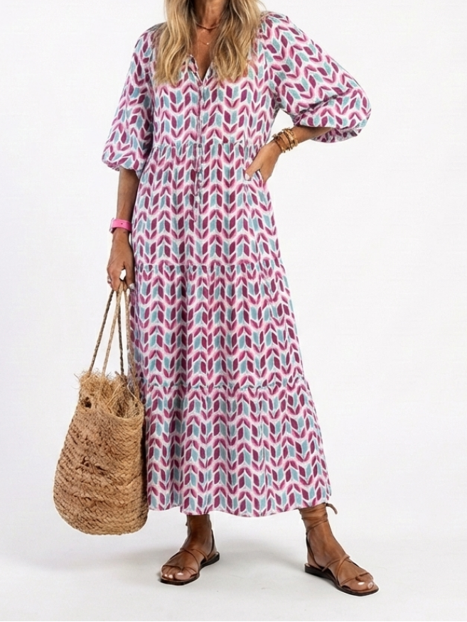 Mireya | Geometric Print Long Sleeve Tiered Midi Dress