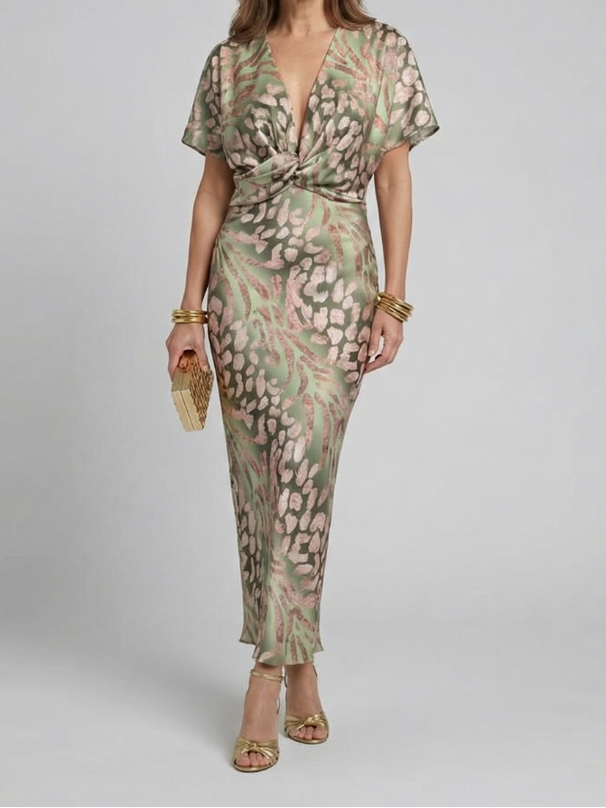 Coralie | Abstract Print V Neck Twist Waist Midi Dress