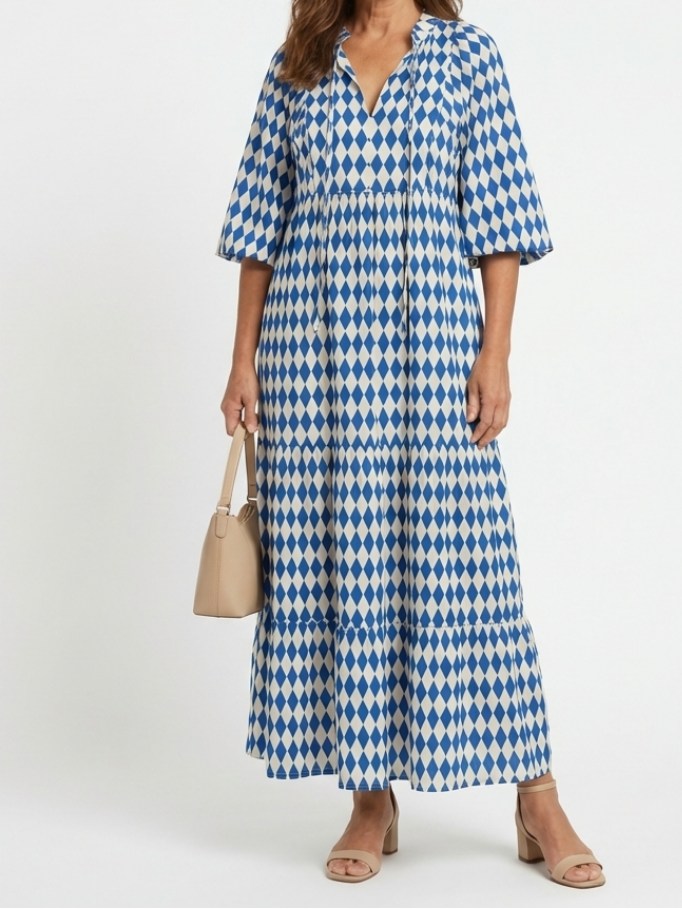Elodie | Diamond Print Tiered Midi Dress