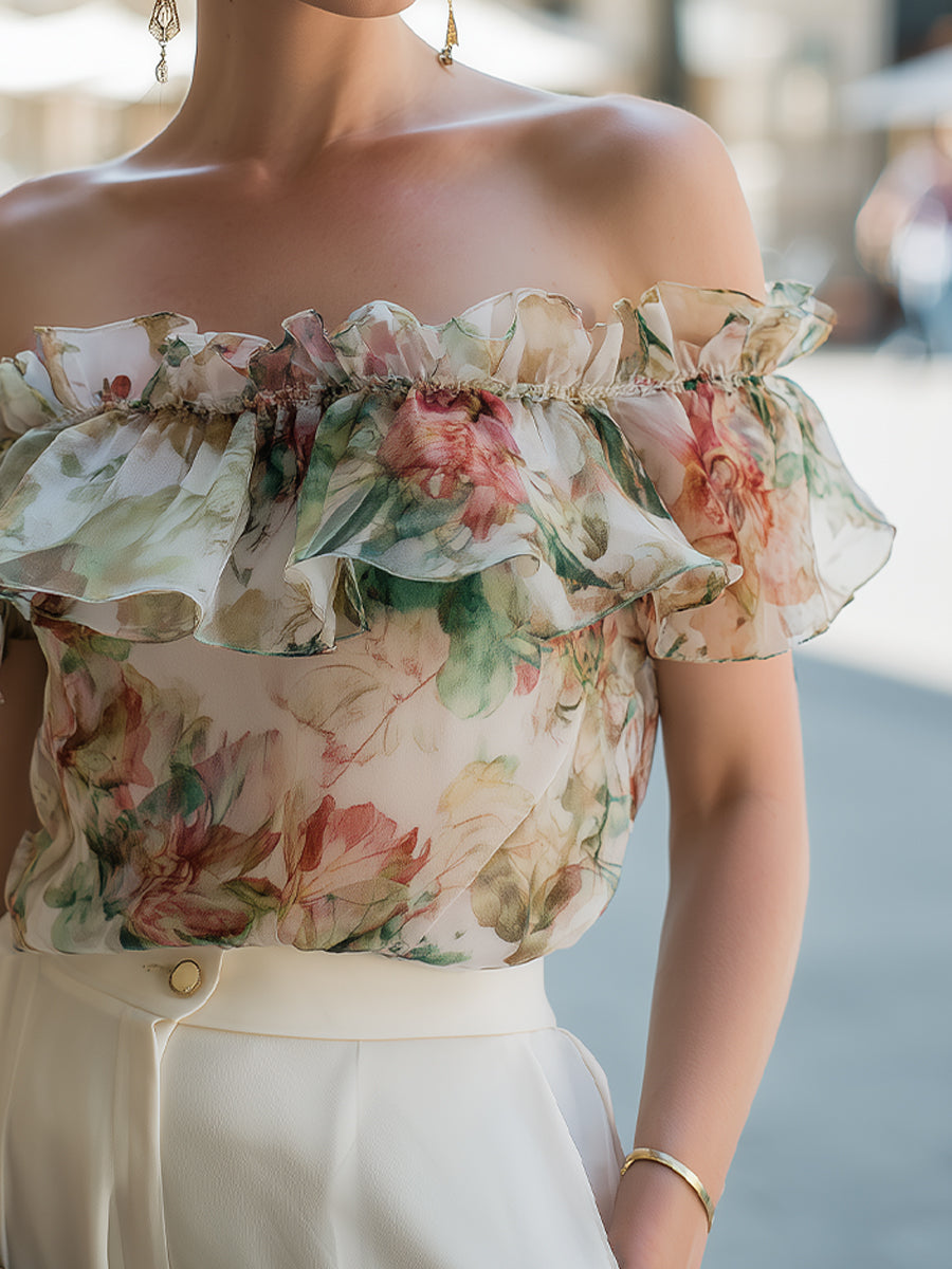 Off-Shoulder Ruffle Floral Chiffon Blouse