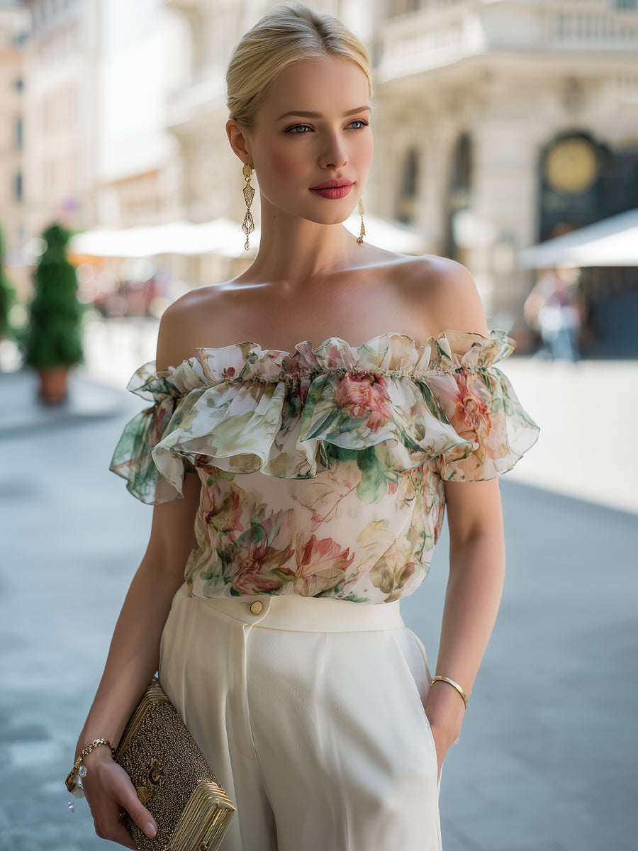 Off-Shoulder Ruffle Floral Chiffon Blouse