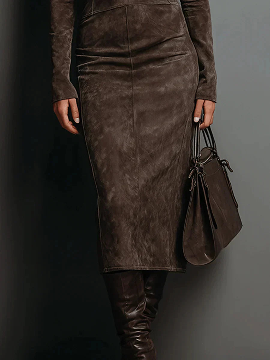 SELWYNNE | HIGH-NECK SUEDE MAXI DRESS