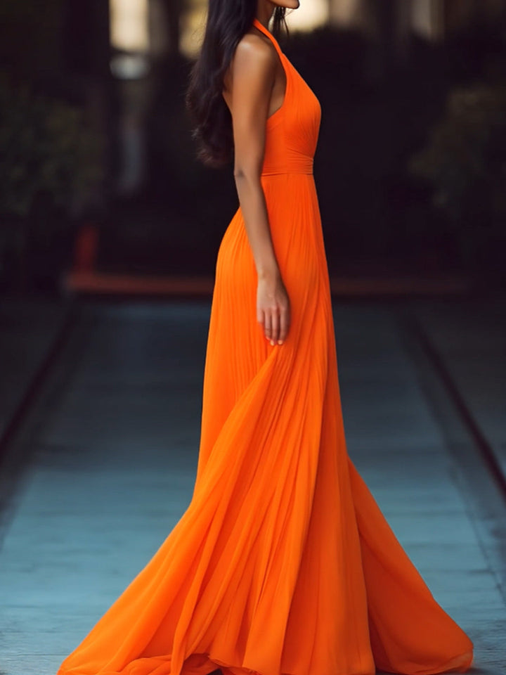 VESPERINA | V-NECK HALTER PLEAT MAXI DRESS