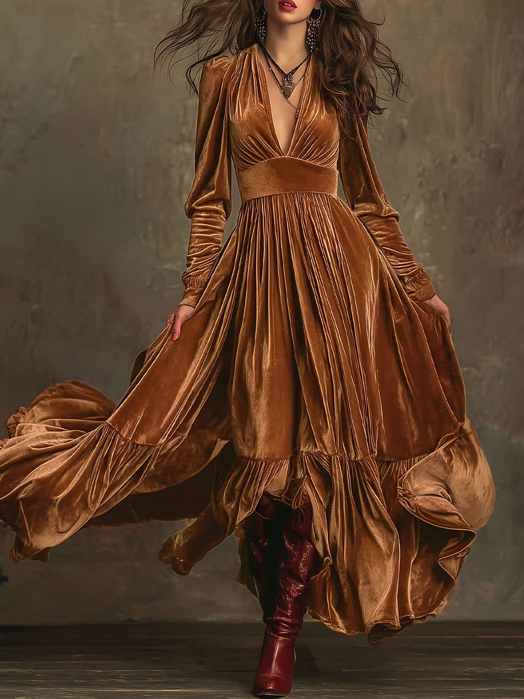 SERAFINA | RETRO OVERSIZED SKIRT LONG DRESS WITH DEEP V-NECK