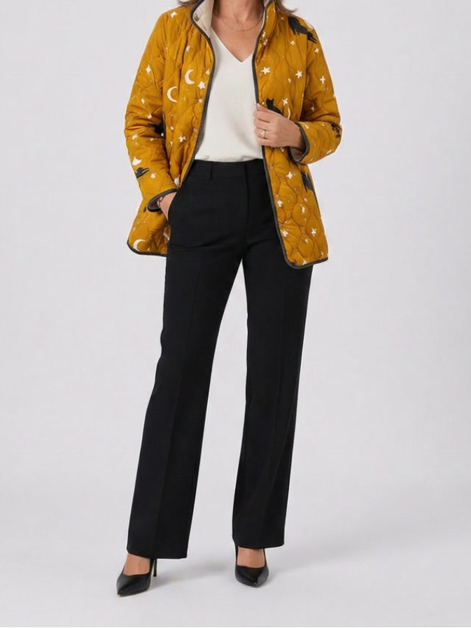 Eira | Casual Black Cat Halloween Print Quilted Jacket