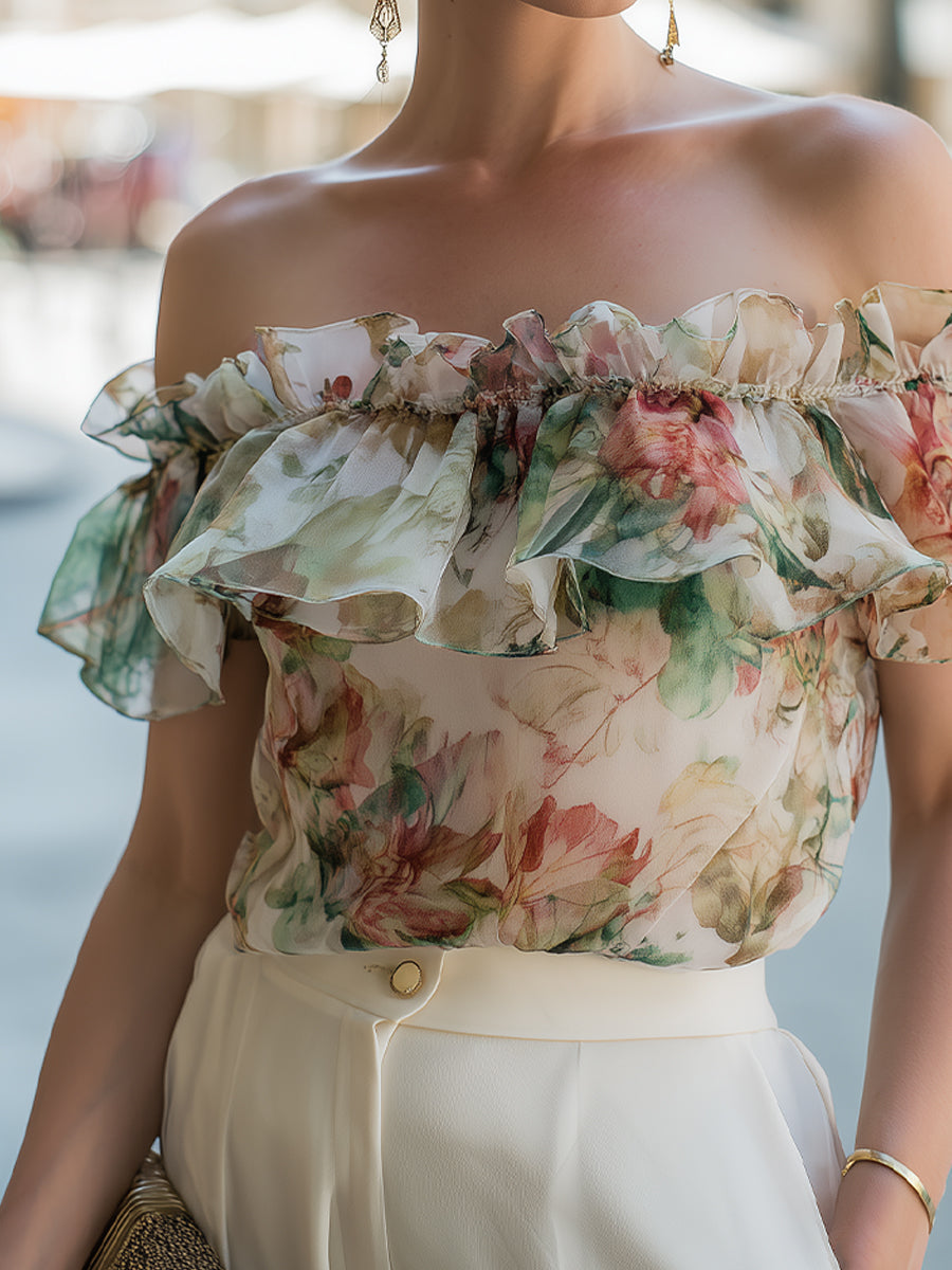 Off-Shoulder Ruffle Floral Chiffon Blouse