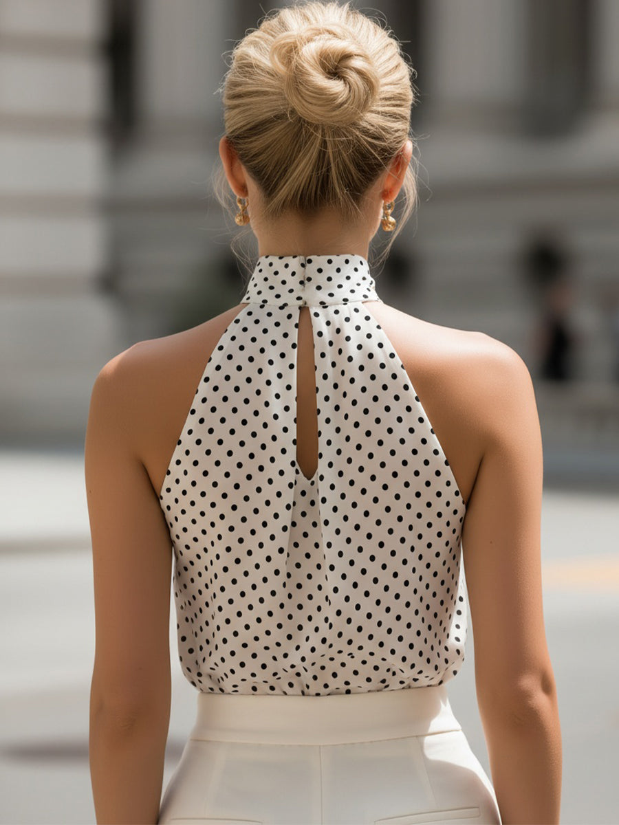 White & Black Polka Dot Halter Neck Keyhole Chiffon Top