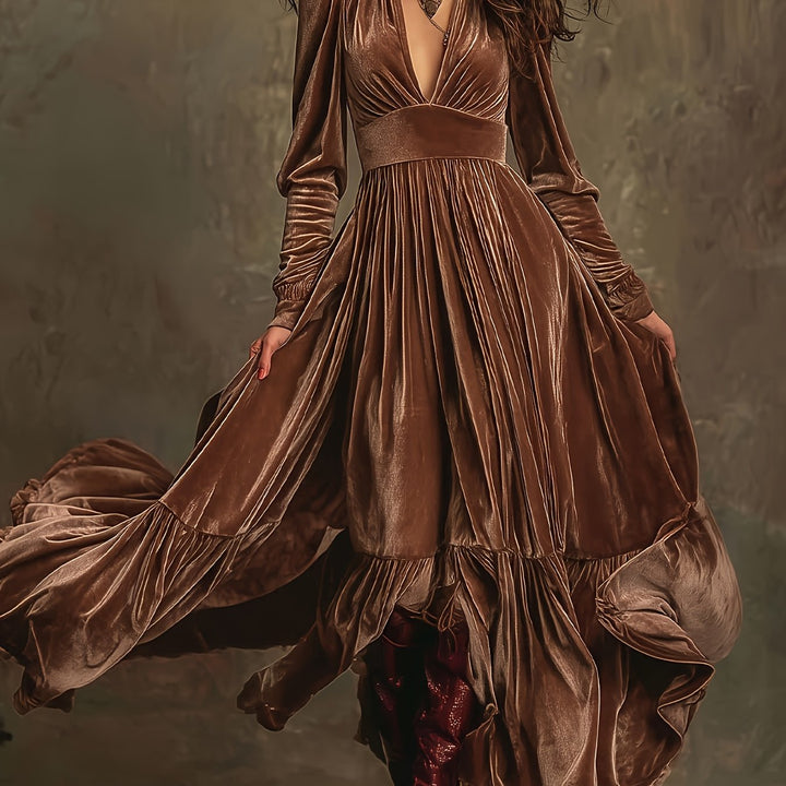 SERAFINA | RETRO OVERSIZED SKIRT LONG DRESS WITH DEEP V-NECK
