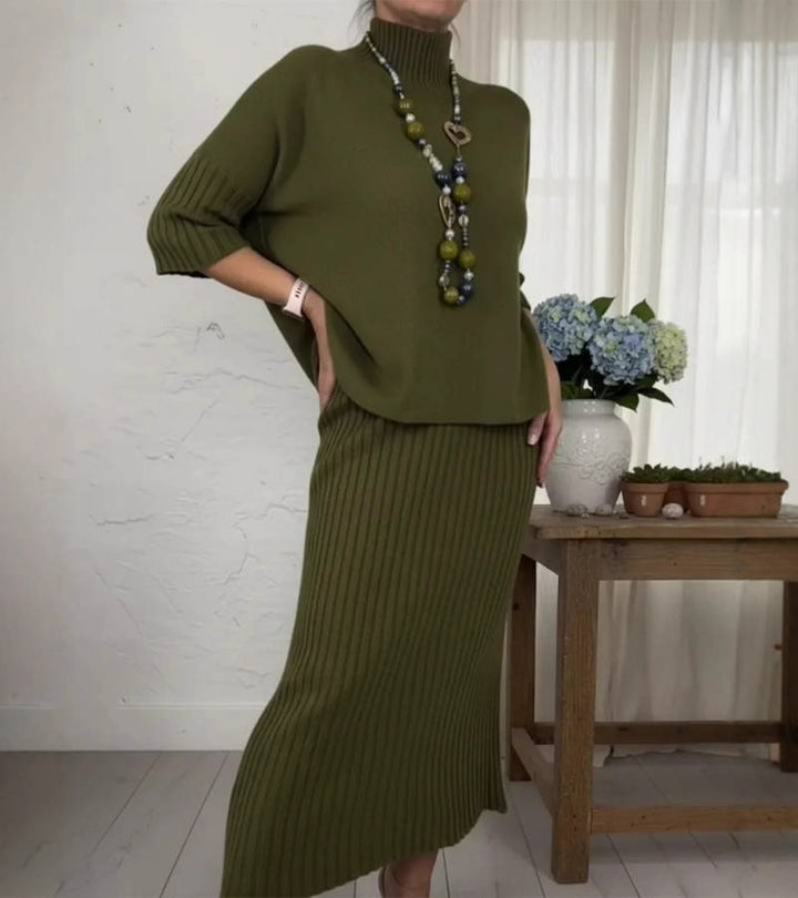 Aisha – Knitted Two-Piece Set with Ribbed Midi Skirt