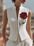 Rose Embroidered Sleeveless Zip-Front Vest