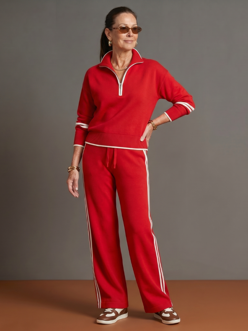 Rain | Zip Neck Long Sleeve Side Stripe Leg Pants Set
