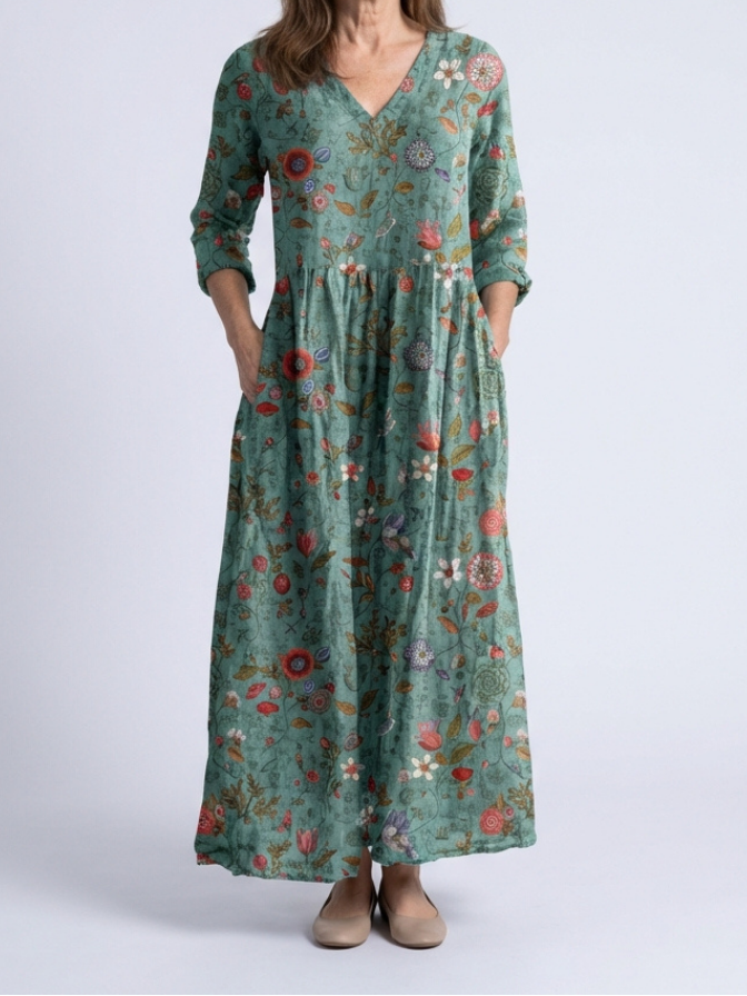 Marina | Floral V Neck Three Quarter Sleeve Maxi Dress