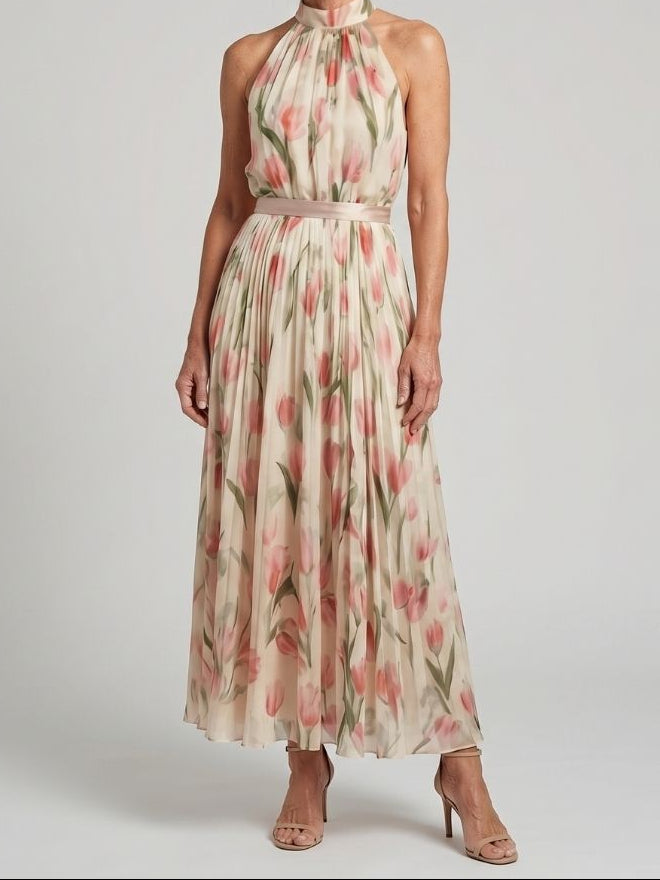 Aurelle | Halter Neck Floral Midi Dress