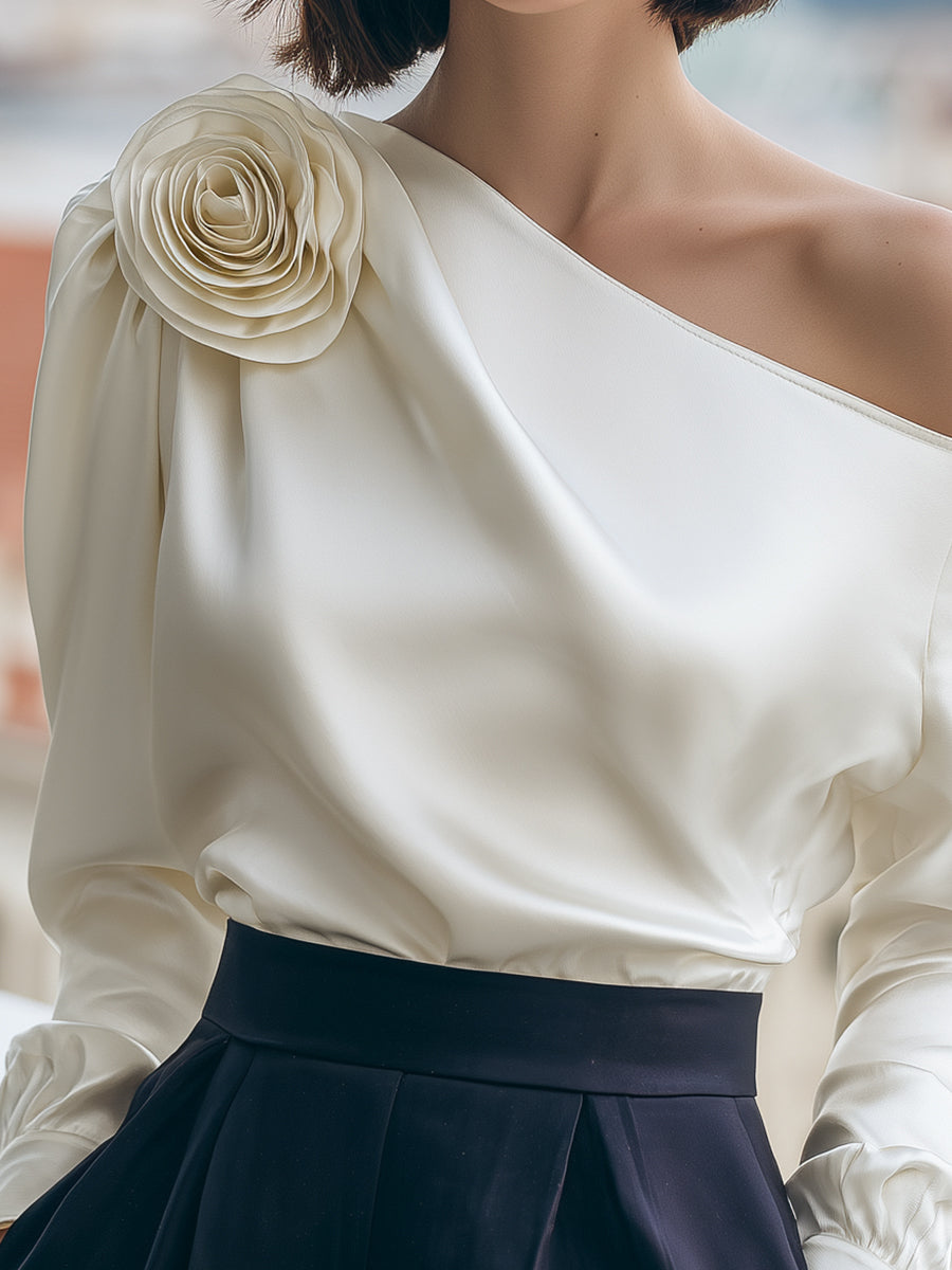 Luxury Satin One-Shoulder Top With 3D Floral Applique