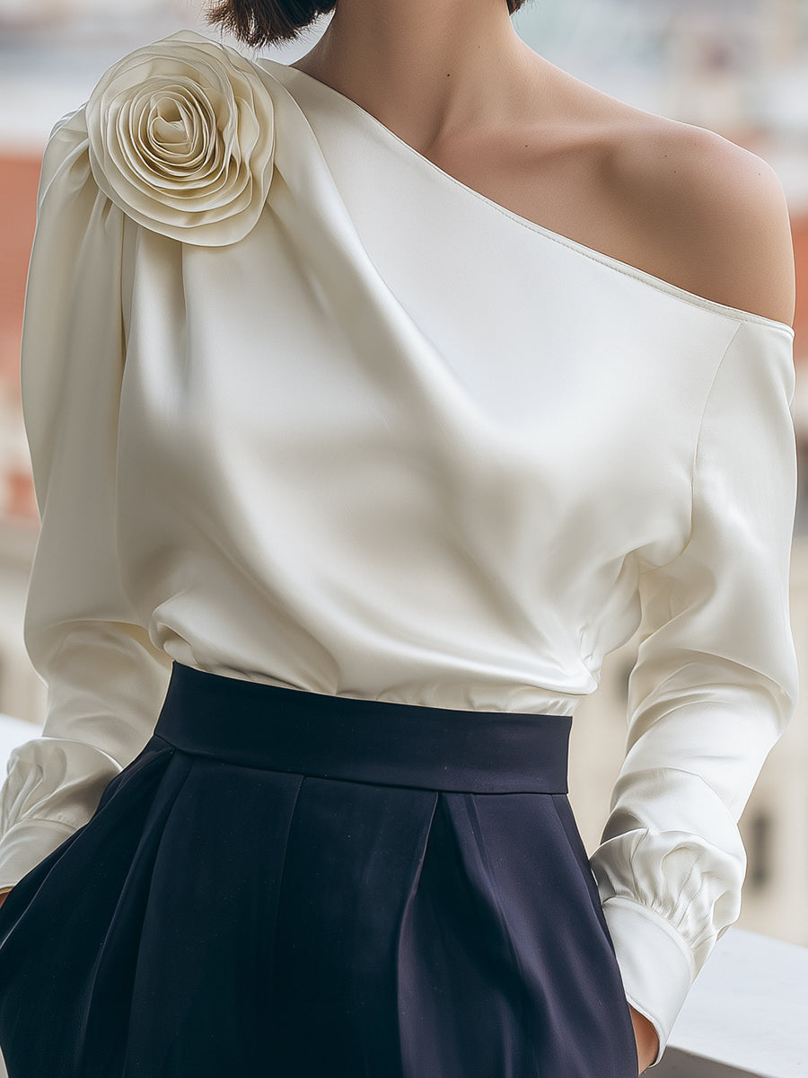 Luxury Satin One-Shoulder Top With 3D Floral Applique