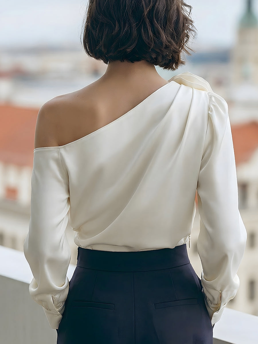 Luxury Satin One-Shoulder Top With 3D Floral Applique