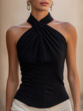 Sleek Halter Neck Twist Front Sleeveless Top With Keyhole Cutout