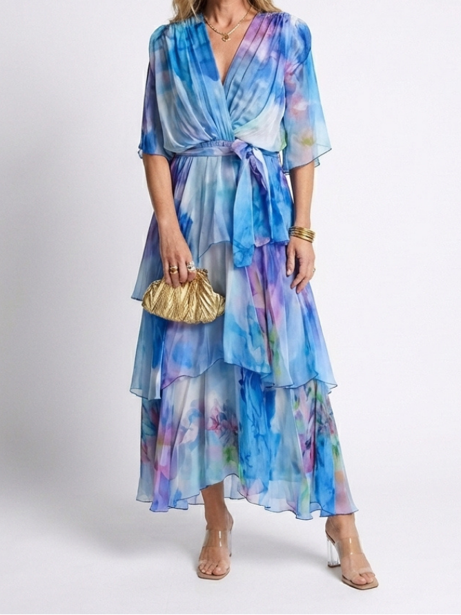 Calista | Sheer Layered V Neck Tie Waist Maxi Dress