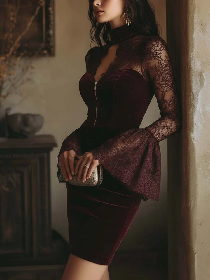 TAMSIN VELVET & LACE BODYCON MINI DRESS IN BORDEAUX