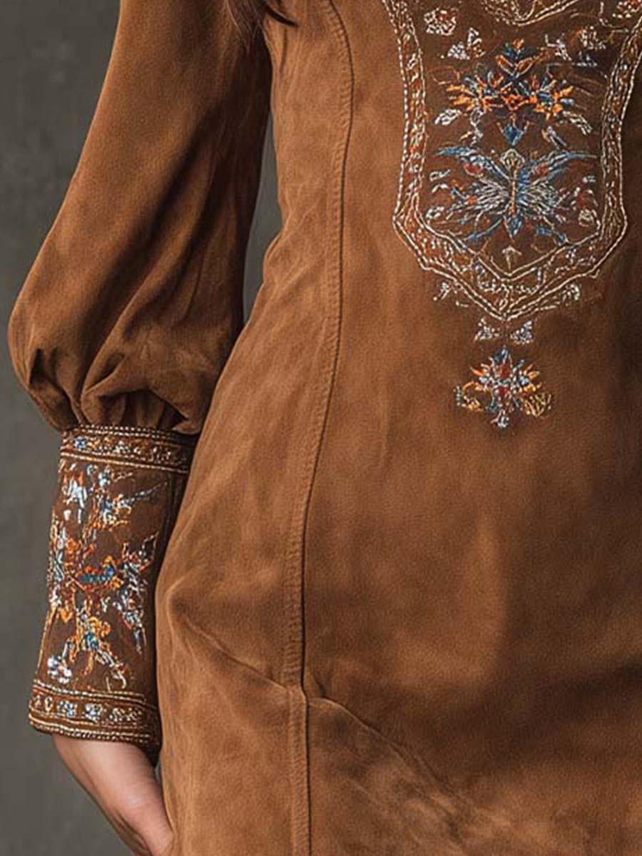 IZOLDA VINTAGE BROWN V-NECK SUEDE EMBROIDERED MINI DRESS