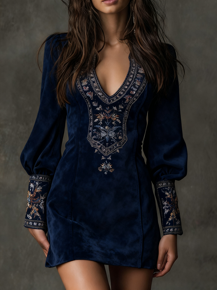 IZOLDA VINTAGE BROWN V-NECK SUEDE EMBROIDERED MINI DRESS