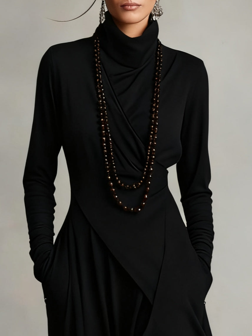 Irene | High-neck Asymmetrical Pleated Dress