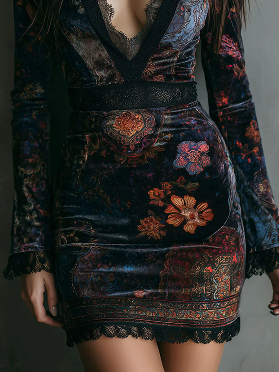 SELENE FLORAL VELVET MINI DRESS WITH V-NECK, LACE TRIM, AND FITTED SILHOUETTE