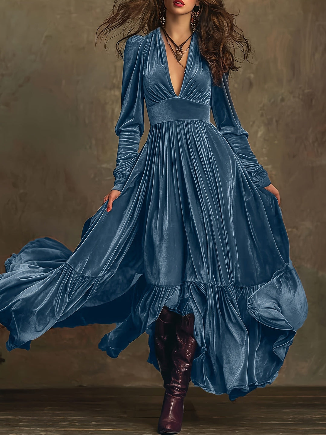 SERAFINA | RETRO OVERSIZED SKIRT LONG DRESS WITH DEEP V-NECK