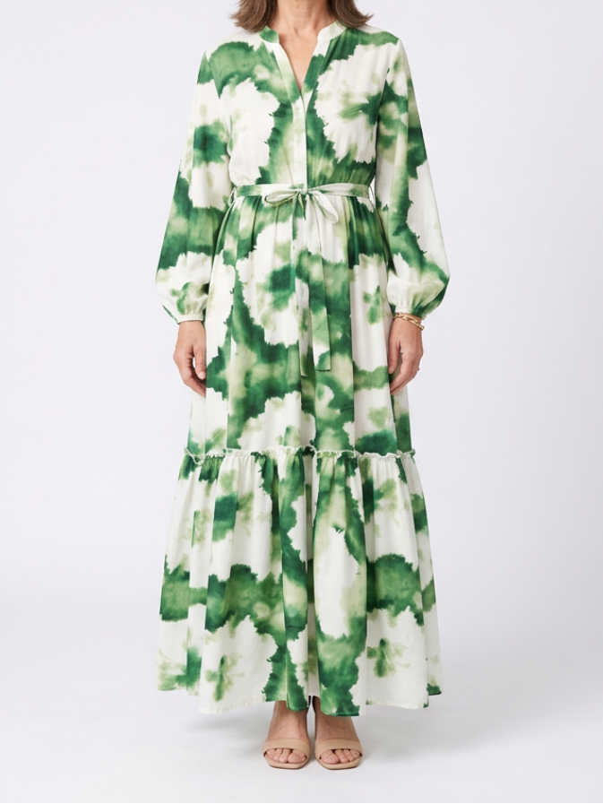 Sabine | Long Sleeve Tie Waist Tiered Maxi Dress