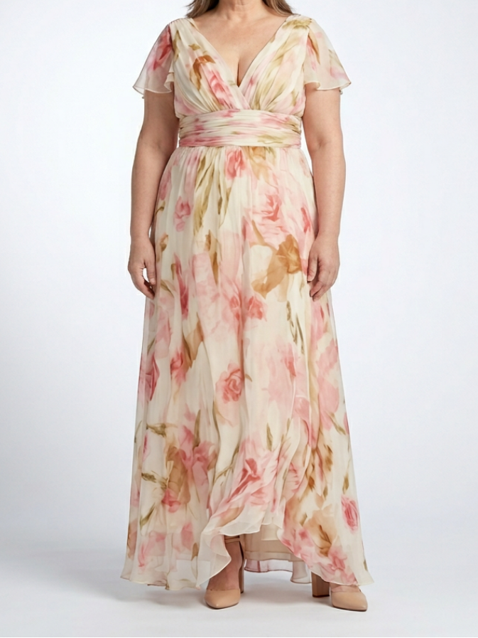 Elara | V Neck Short Sleeve Floral Maxi Dress