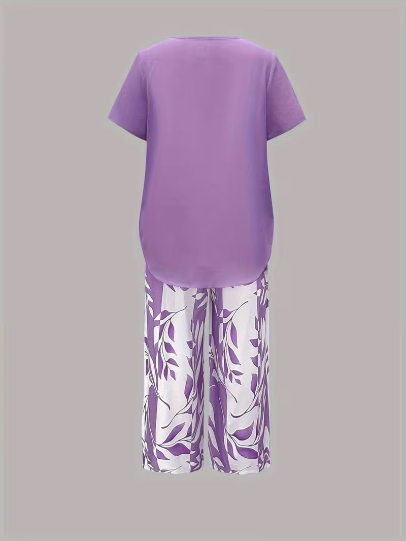 Casual Leaf Print Two Piece Set