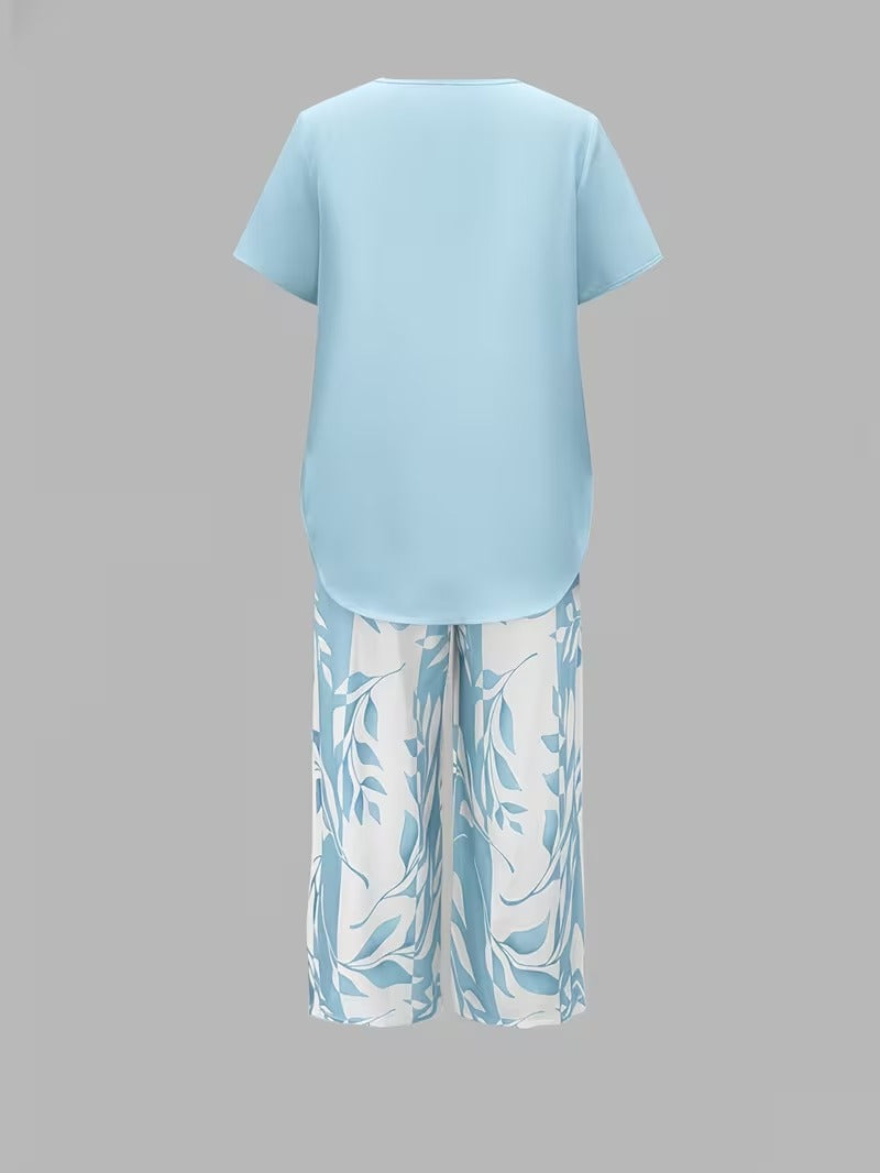 Casual Leaf Print Two Piece Set