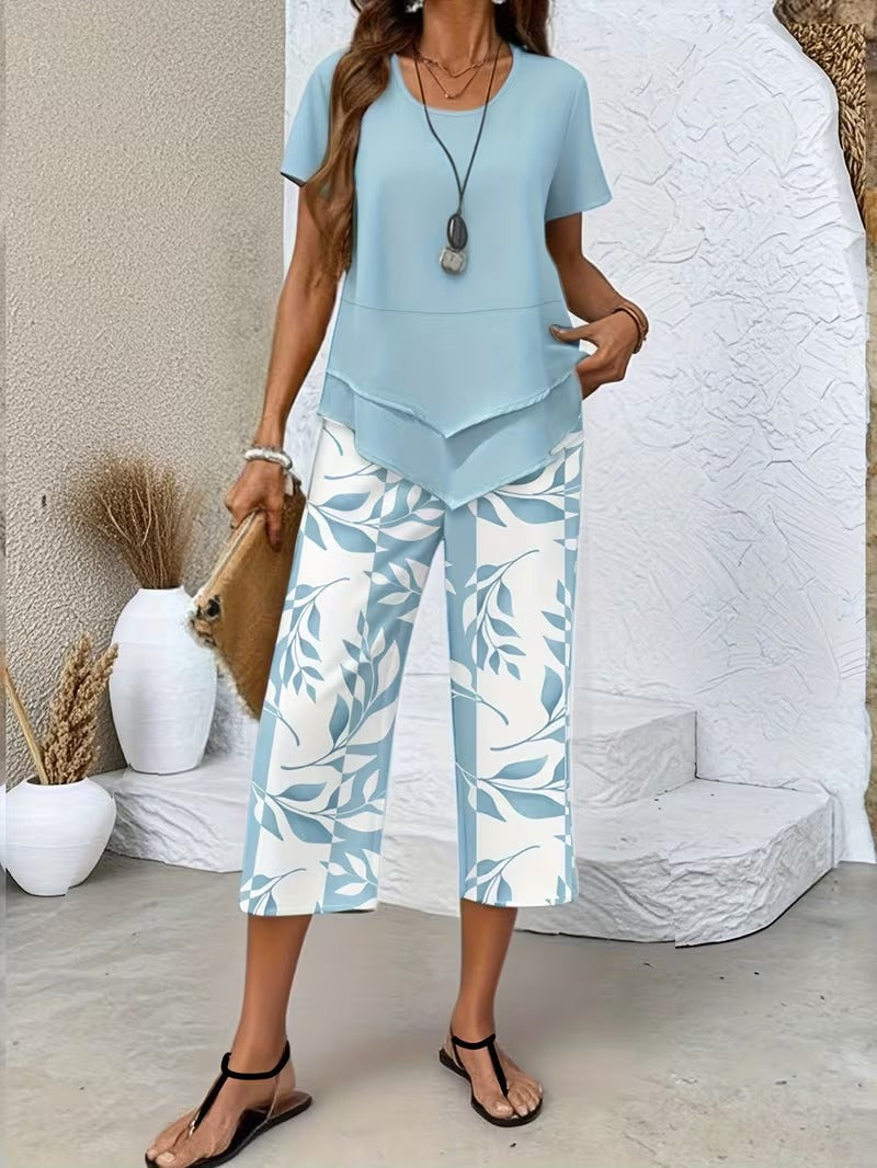 Casual Leaf Print Two Piece Set